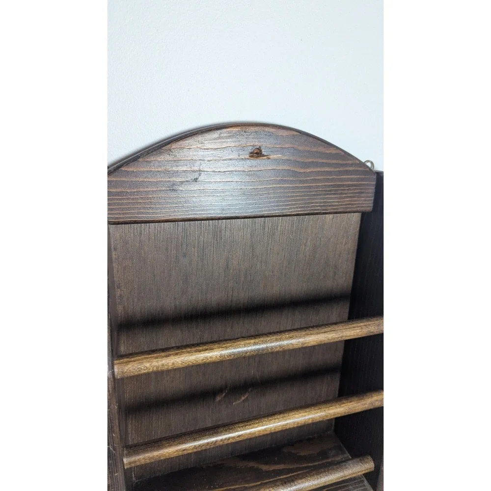 Rustic Dark Brown Wood Wall Mount Magazine Rack Arched Top Display 3 Spindle 15